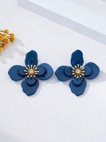 1對夏季壓克力水鑽四瓣花朵耳釘 女士日常穿搭飾品 - 藍色 - 查看 3