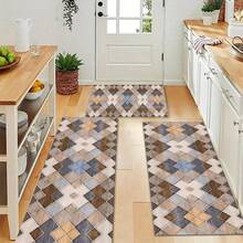 1 pieza Alfombra de cocina con estampado de patchwork geométrico estilo Morandi, alfombra antideslizante para el piso, alfombra decorativa para fiestas y vacaciones, alfombra a prueba de aceite, alfombra de secado rápido, adecuada para cocina, pasillo, baño, lavandería, decoración del hogar - Multicolor - Ver 5