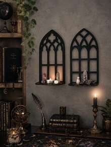 1 pieza Estantería de exhibición de cristal de estilo bohemio, estantería de pared con forma de ventana gótica, estantería de pared de iglesia vintage, soporte de vela de ventana falsa de color negro, ideal para fiestas de Halloween y decoración del hogar en la sala de estar y el dormitorio - Multicolor - Ver 6