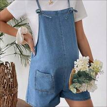 WNS  Shorts vaqueros cortos sencillos con tirantes y bolsillo para maternidad, uso casual diario - Azul - Ver 2