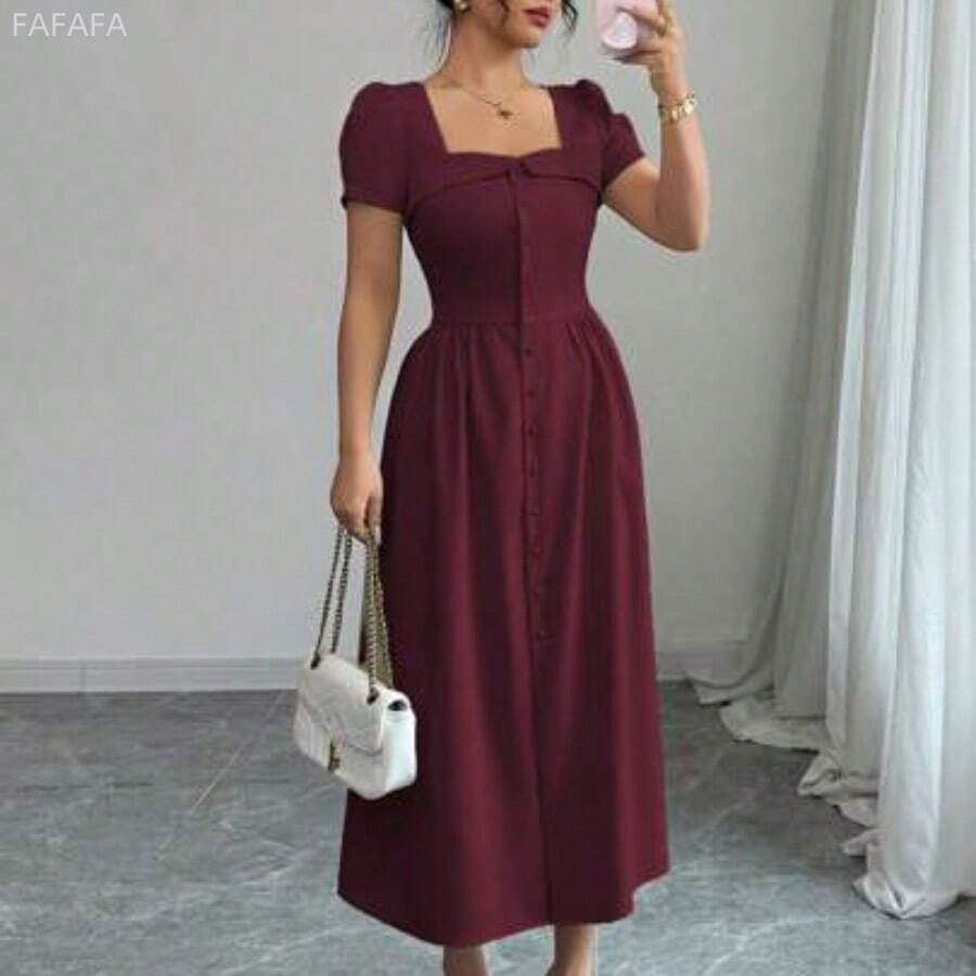 xuehuamaoyi02 Vestido de manga larga de primavera/verano con corte evasé, abertura en la falda, botones y cuello sin cuello con volantes, elegante para el trabajo - Granada - Ver 1