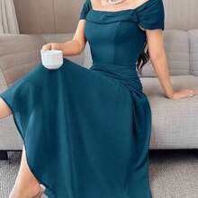 jianchaimaoyi02  Vestido elegante de unicolor con pliegues y hombros descubiertos para mujer - Agua verde azul - Ver 1