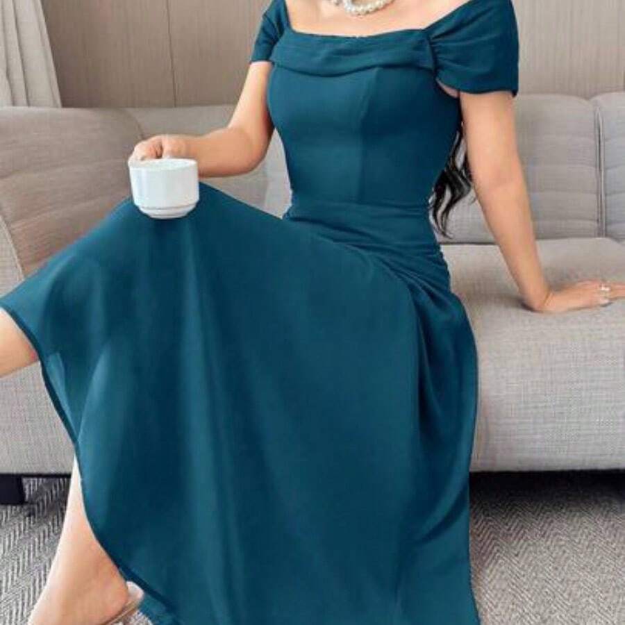 jianchaimaoyi02 Vestido elegante de unicolor con pliegues y hombros descubiertos para mujer - Agua verde azul - Ver 1