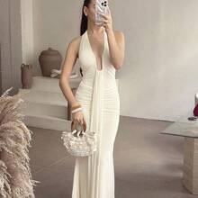 jianchaimaoyi02  Elegante vestido de cuello en V profundo amarillo crema sexy para mujer, primavera/verano - Blanco - Ver 2