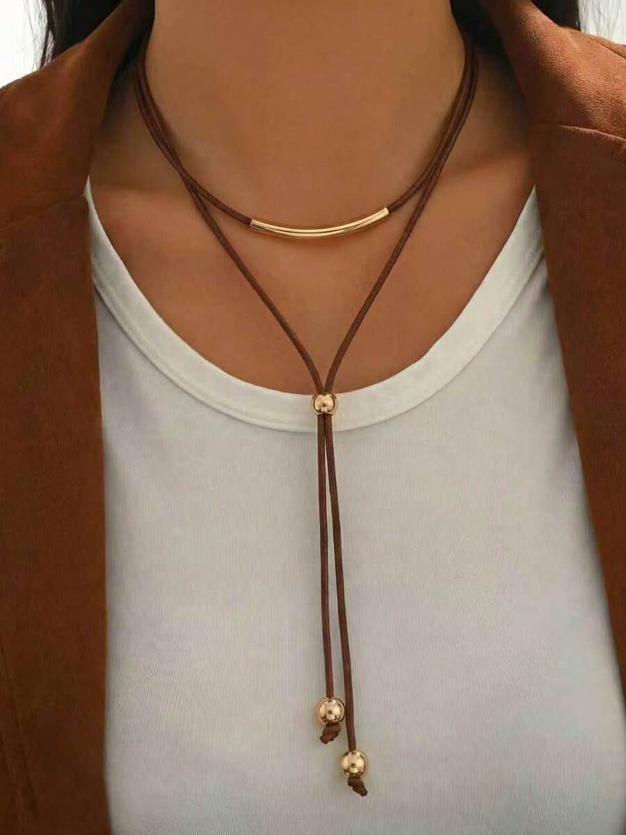 1pc Minimalist Vintage Brown Cord With Metal Ball Multilayer Y-Necklace, Suitable For Daily Wear, Party, And Vacation, Stylish - Brown Line + Gold Ball - View 1