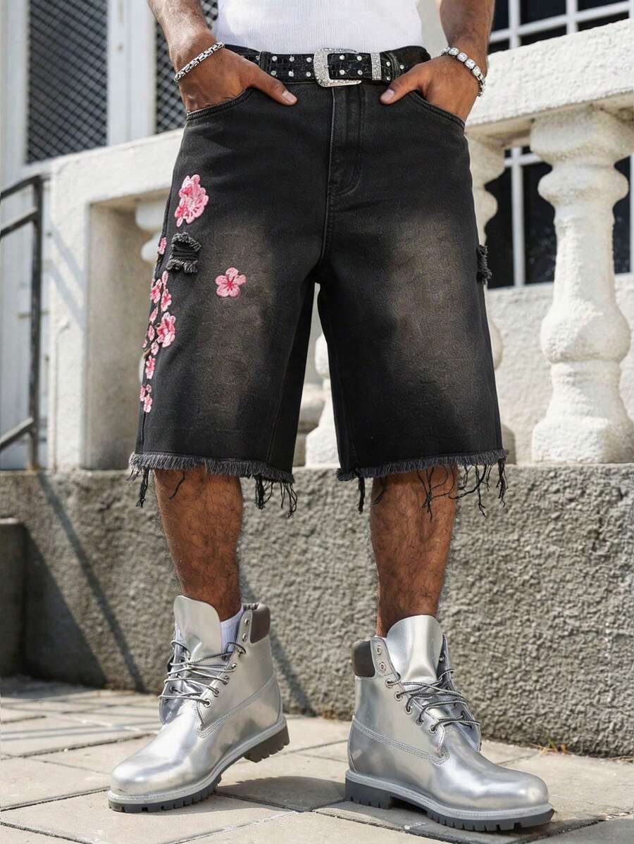 1pc Justice Brother Korean Style Embroidered Black Denim Casual Loose Shorts For Men (Belt And Accessories Not Included) - Black - View 1