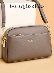Fashion Solid Color PU Waterproof Fabric, Letter Decor Design, Multi-Compartment Square Bag, Vintage Fashion Shoulder Bag, Elegant Handbag, Business Commuter Bag, Suitable For Shopping, Work Commute And Holiday Gifts - Grey - View 1