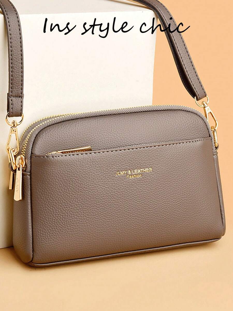 Fashion Solid Color PU Waterproof Fabric, Letter Decor Design, Multi-Compartment Square Bag, Vintage Fashion Shoulder Bag, Elegant Handbag, Business Commuter Bag, Suitable For Shopping, Work Commute And Holiday Gifts - Grey - View 1
