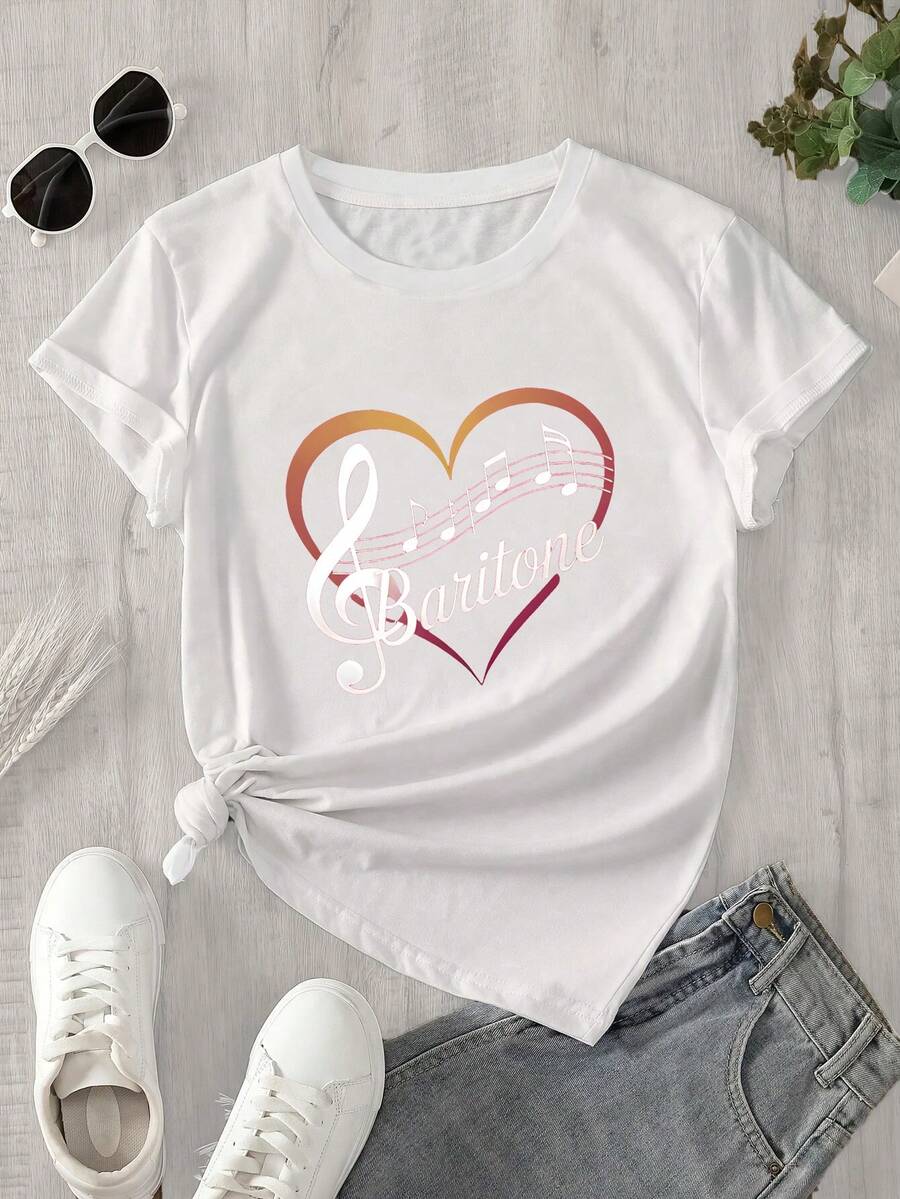Esta blusa de manga corta y cuello redondo para mujer, con estampado de notas musicales y la palabra "Baritonee", es adecuada para todas las estaciones. - Blanco - View 1