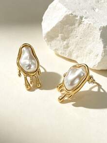 1 Pair Minimalist Abstract Design Faux Pearl Asymmetrical Stainless Steel Earrings Suitable For Daily Wear - Gold - View 3