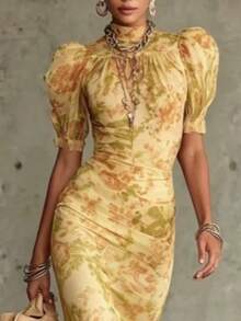 Elegant French Retro Style Chiffon Fishtail Dress For Vacation - Yellow - View 2