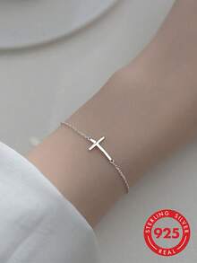 1pc Women's Jewelry S925 Silver Smooth Bracelet, Exquisite Cross Pendant, Simple & Refreshing Personalized Hand Accessory - Silver - View 1