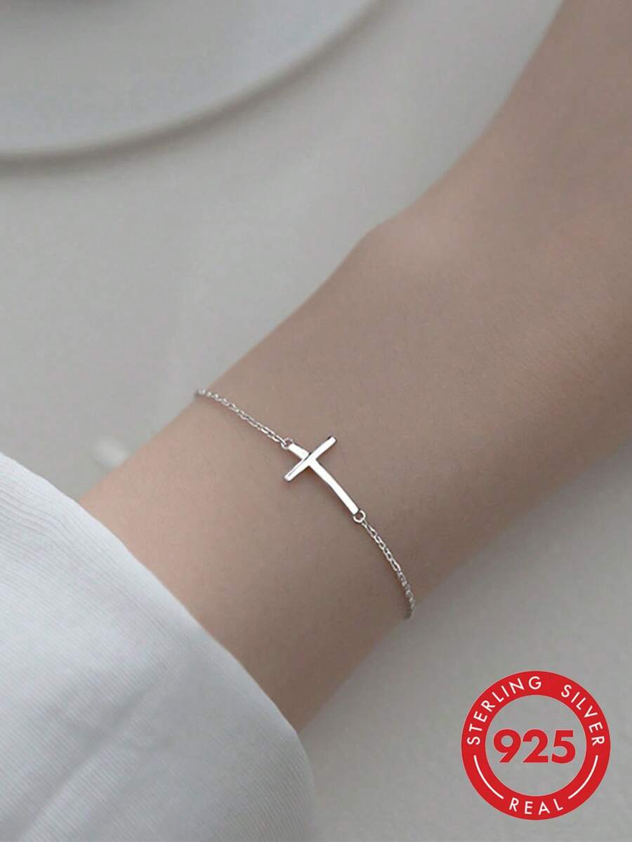 1pc Women's Jewelry S925 Silver Smooth Bracelet, Exquisite Cross Pendant, Simple & Refreshing Personalized Hand Accessory - Silver - View 1