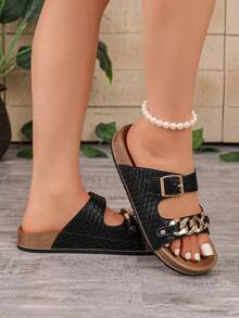 Casual Sandals Versatile Slides Gold Chain + Adjustable Buckle Design Summer Commute Outdoor Women's Sandals - Black - View 3