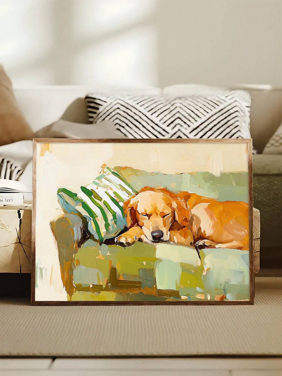 1pc Golden Retriever Oil Painting, Vintage Animal Art, Abstract Sleeping Dog On Couch,Festival Gift, Suitable For Bedroom,Living Room, Bath,Wall Arts,Wall Decor,Home Decor,Room Decor, Canvas Wall Art, Posters, Wall Art With Frame, Optional Frame ﻿ ﻿ - 1PCS - View 1