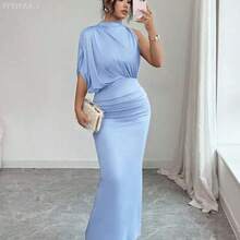 MewMuse.  Vestido ajustado y acampanado sin mangas con cuello fruncido en color borgoña, para primavera/verano - Azul - Ver 1