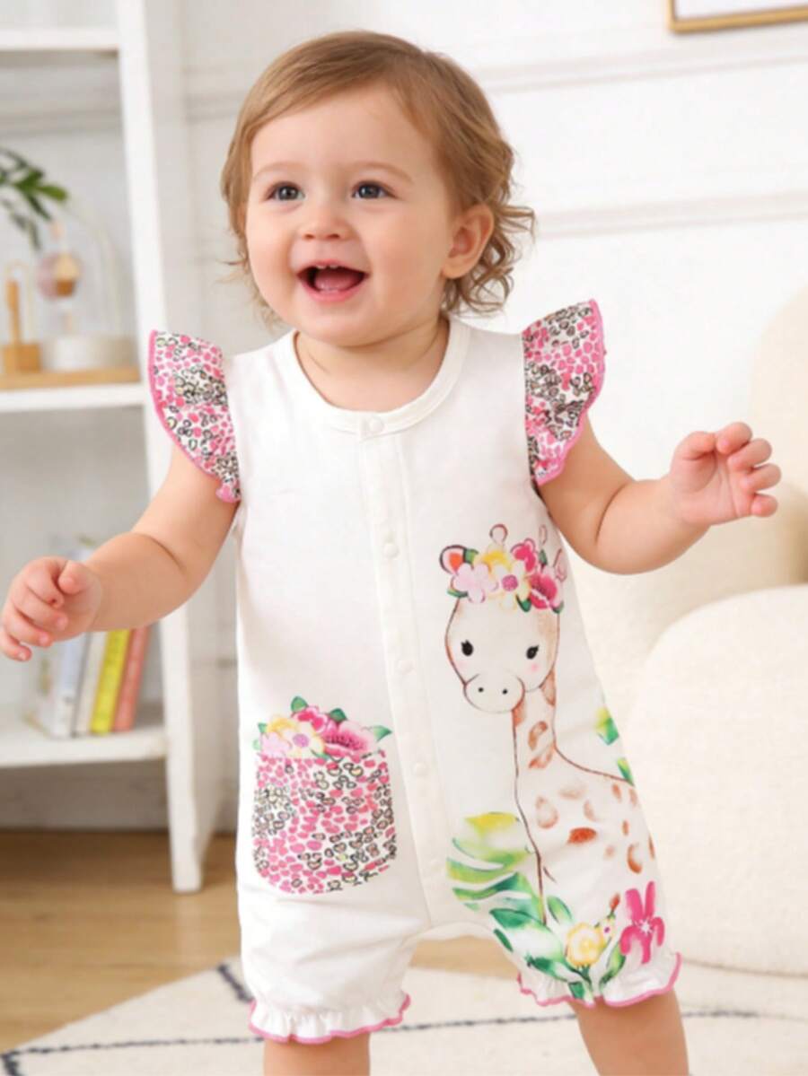 Baby Girl Casual White Printed Giraffe Romper, Summer - White - View 1