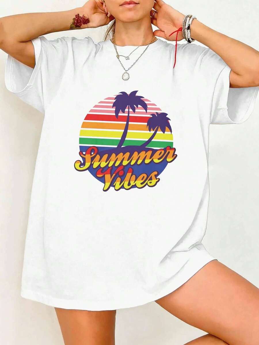 Summer Vibes Retro Palm Tree Sunset Graphic T-Shirt - White - View 1