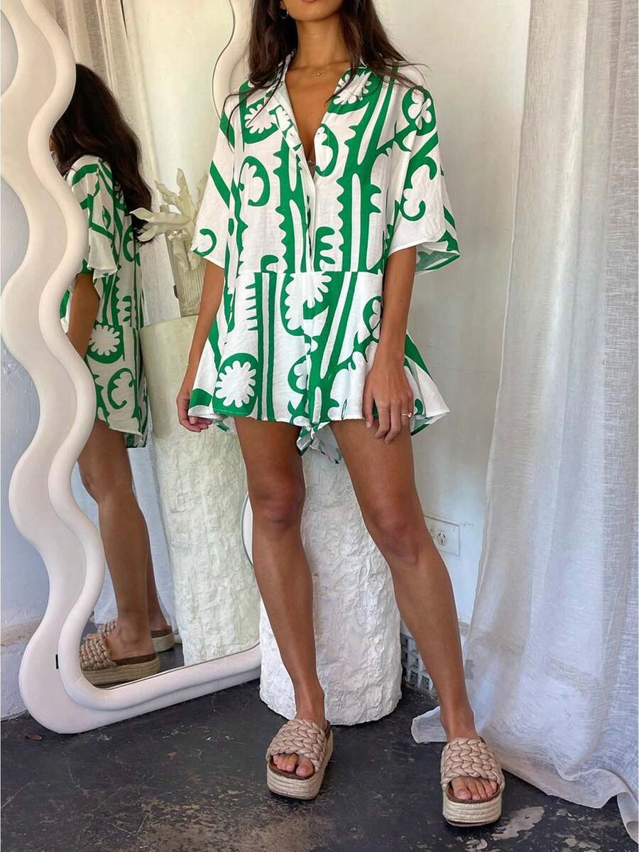 Mujeres abstracto impresión romper cuello en V manga corta botón abajo pantalones cortos de pierna ancha fluido traje de juego de ajuste suelto casual con bolsillos para vacaciones de verano playa cubierta resort estilo y salidas tropicales - Verde - Ver 1