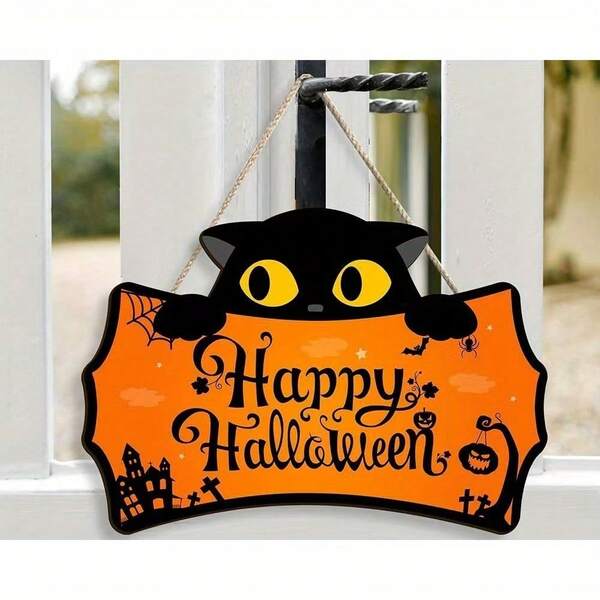 1 cái biển treo gỗ hình mèo đen Happy Halloween, bảng treo tường 2D phẳng mùa lễ hội rùng rợn, trang trí cửa in hình mèo Halloween cho hiên trước, phòng khách, trang trí tiệc Halloween phong cách nông trại