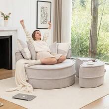 Round Beige Sofa With 5 Cushions And Pouf, Ideal For The Living Room And Bedroom. - 灰色 - 查看 3