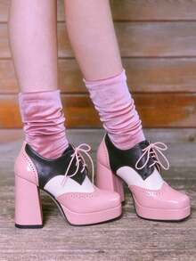 Women's Oxford Shoes Color-Block Heels Square Toe Platform Chunky Heels Lace-Up Mary Janes Shoes For Ladies New Year And Christmas Outfits - 粉色 - 查看 8