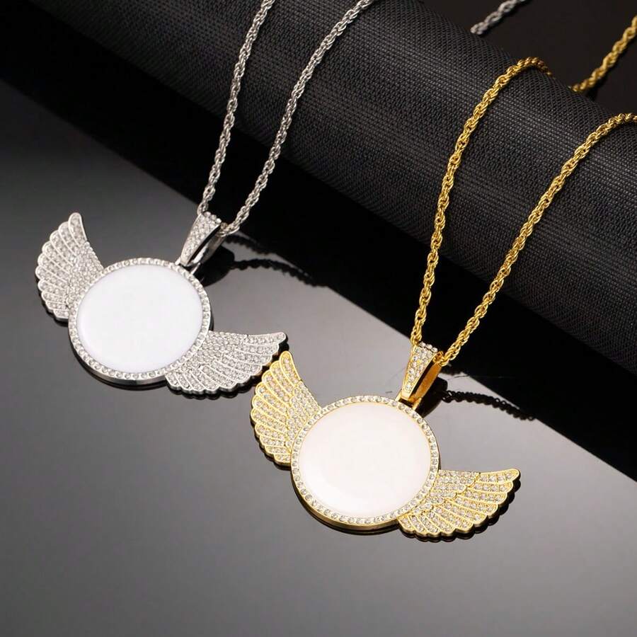 1pc Rhinestone Wing Photo Pendant Necklace, European And American Style Personalized Picture Frame Titanium Steel Chain, Cool Hip-Hop Sweater Chain - Multiple Styles - View 1