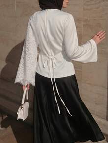 New Woven Fabric Lace Patchwork White Lace Scarf Long Sleeve Top, Suitable For Everyday Wear, Dates, Early Spring - White - View 4