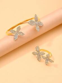 FAAABULS 2pcs Butterfly & Flower Shaped Hollow Open Cuff Bracelet And Ring Set, Rhinestone Jewelry Accessories Designed For Women - Petal-shaped - View 5
