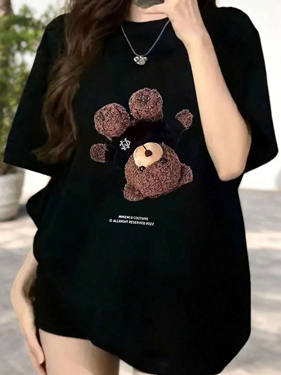 Camiseta con estampado de oso de peluche 3D, linda camiseta negra de estilo urbano de gran tamaño, top estético de Harajuku, estilo hip hop, camisa holgada de estilo coreano, ropa casual con estampado de oso de diseñador atrevido, transpirable y cómoda. - Color - Ver 1