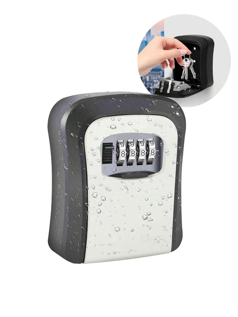 1 pieza Caja de seguridad para llaves, ocultador de llaves, soporte impermeable para llaves y efectivo - Caja de seguridad para llaves con combinación de 4 dígitos, ocultador de llaves de aleación de aluminio impermeable montado en la pared, caja de seguridad con código restablecible y tapa a prueba de polvo & kit de montaje para uso en el hogar, oficina, garaje y exteriores