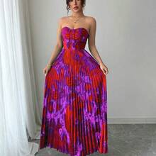jianchaimaoyi02  Vestido plisado de impresión completa con cintura ajustada tipo bandeau - Morado - Ver 5