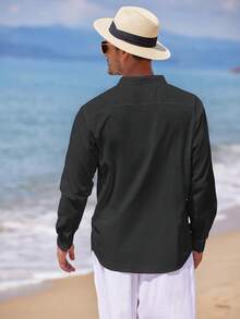 Men's Cotton Linen Long-Sleeved Shirt - 黑色2 - 查看 4