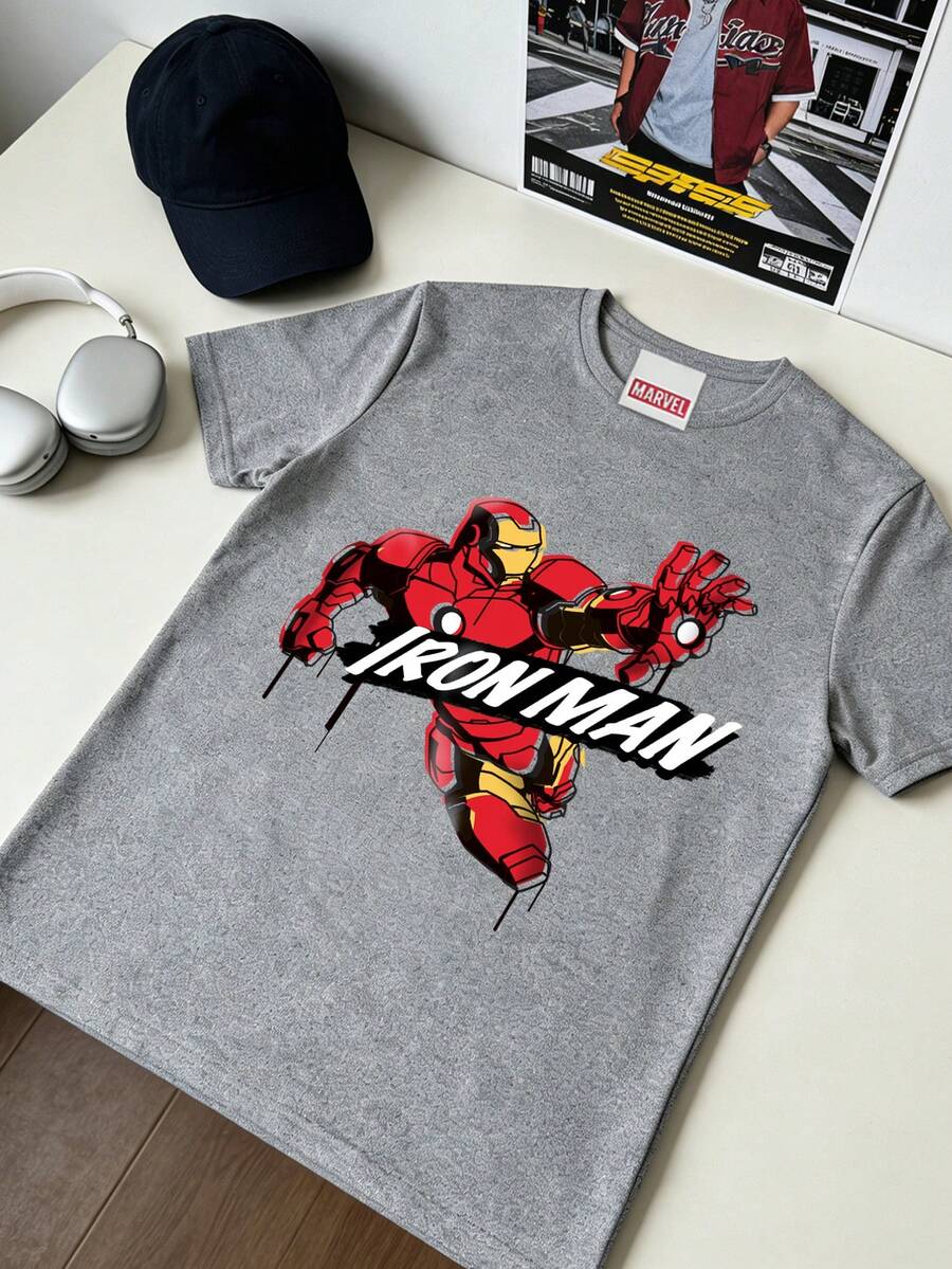 Marvel 這款男士漫威主題圓領短袖T恤採用鋼鐵人設計,舒適且百搭的休閒短袖上衣 - 灰色 - 查看 1