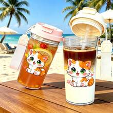 1pc/5pcs 500ml Plastic Coffee Travel Mug, Cute Orange & White Kitten Print. Suitable For Iced Coffee, Tea And Cold Drinks. A Sweet And Cheerful Gift For Cat Lovers, Perfect For Home, Office Or Outdoor Daily Use. - Multicolored Kitten - View 3