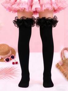 1 Pasang Kaos Kaki Anak Perempuan Warna Hitam dengan Hiasan Jala Bergelombang, Kaos Kaki Panjang Kasual Lucu Warna Polos - MultiWarna - View 6