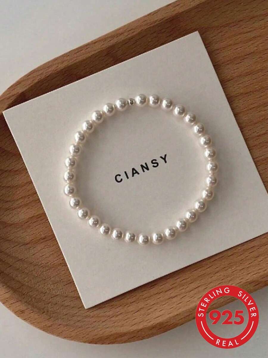 1 pieza Pulsera de mujer exquisita de plata de ley 925 con perlas, diseño de nicho, lujo ligero, estilo de alta gama, adecuada para uso diario - Blanco - Ver 1
