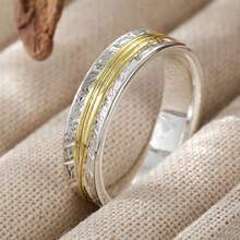 Anillo tallado de pluma de doble tono vintage, textura elegante, accesorio discreto para el uso diario - Plateado - Ver 6