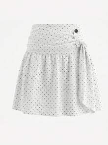 Rok Mini A-Line Motif Polkadot Retro Korea, Desain Kasual Serbaguna untuk Musim Panas, Warna Putih - Putih - View 6
