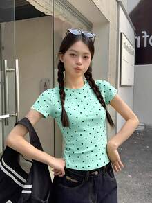 波點女款圓領短袖T恤，修身顯瘦，美式風格，百搭休閒辣妹上衣，夏季穿搭 - 波點- 薄荷綠色 - 查看 5