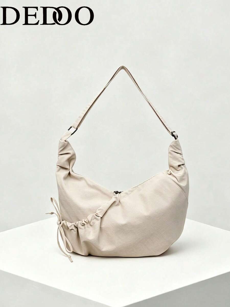 Dedoo Large Capacity Lightweight Nylon Material Wrinkled Texture Solid Color Dumpling Shaped Drawstring Design Crossbody Bag, Suitable For Daily Commute, School, Short-Distance Travel Or Shopping - Beige - View 1
