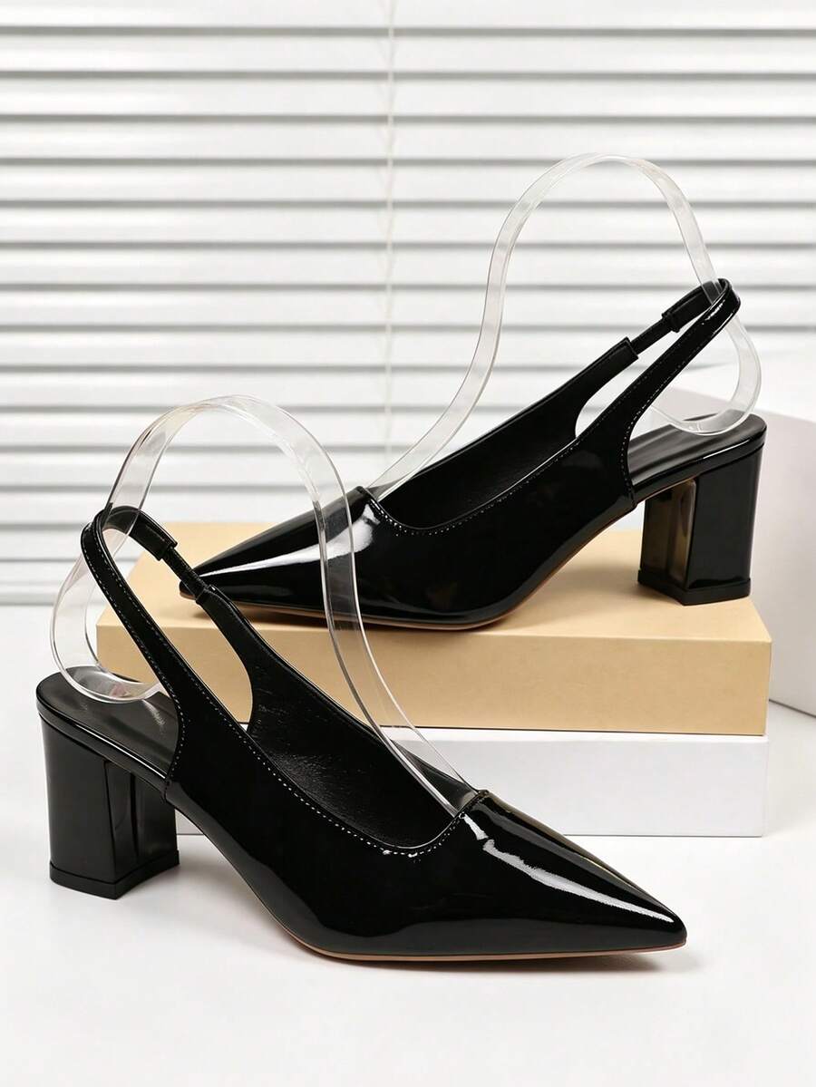1 paire de sandales de navetteur à bout pointu sans dos enrobé noir pour adolescents, printemps/été, matériau enrobé brillant + design de bride élastique à l'arrière, talon épais antidérapant, talons hauts polyvalents, convient pour le lieu de travail / / les scènes quotidiennes, nouvelles chaussures pour filles 2026 - Noir - Voir 1