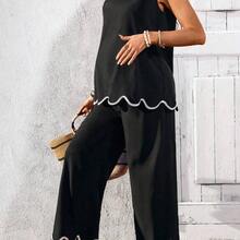 Conjunto de 2 piezas de top de tirantes con ribete de concha y pantalones casuales de maternidad para vacaciones - Negro01 - Ver 7
