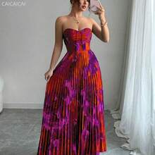 yonghongmaoyi1  Vestido plisado de impresión completa con cintura ajustada tipo bandeau - Blue Power - Ver 2