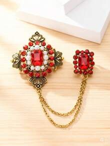 1 pieza Juego de broche de cristal de estilo vintage con doble cadena, accesorio de estilo palacio europeo & americano para traje y abrigo, pin de strass exquisito, pin de solapa para cuello de camisa - Multicolor - Ver 10