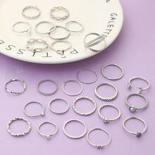 Set Cincin Multi-Sambungan Terbuka Mutiara Imitasi Bulan Terlaris di Eropa dan Amerika, Set Cincin Bertatahkan Berlian Imitasi Serbaguna dan Modis 26 Buah - Set cincin berlian 26 buah - View 4