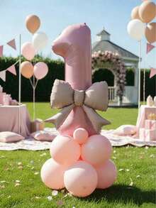 kumozawa 12pcs/Set 32-Inch Pink 0-9 Birthday Party Decoration Balloon Set, With Soft Pink Bows, Pink Latex Balloons, Suitable For Party, Dreamy And Sweet, Create Perfect Party Photo Backdrop - View 1