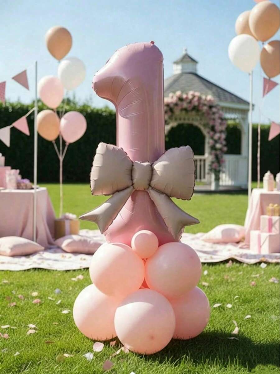 kumozawa 12pcs/Set 32-Inch Pink 0-9 Birthday Party Decoration Balloon Set, With Soft Pink Bows, Pink Latex Balloons, Suitable For Party, Dreamy And Sweet, Create Perfect Party Photo Backdrop - View 1
