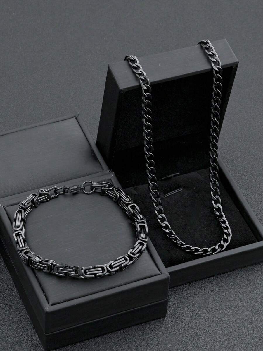 Juego de Cadena Estilo Gótico Collar Cubano Material de Acero Inoxidable Resistente al Desvanecimiento Joyería Minimalista de Calle Verano Regalo de Halloween (Caja de Joyería No Incluida) - Negro - Ver 1