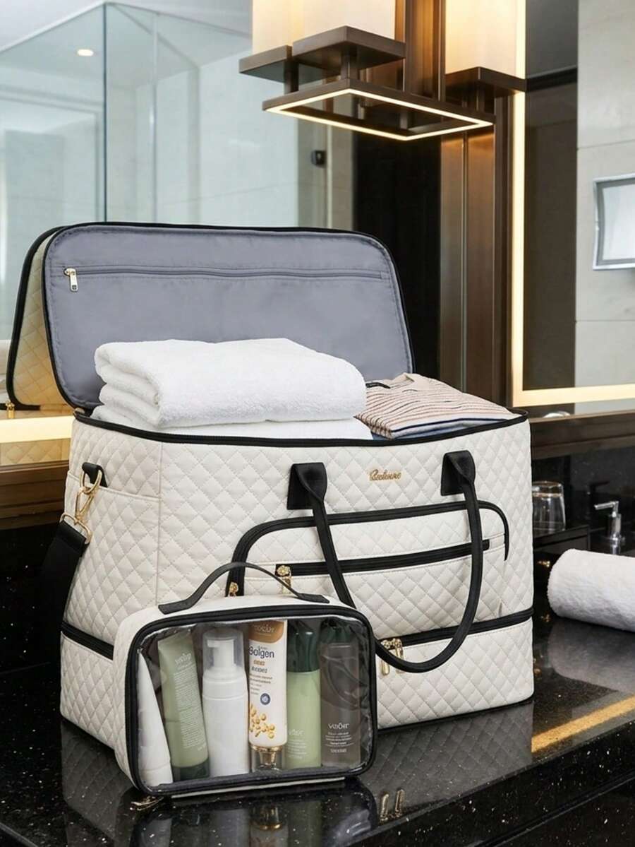 2Pc Travel Duffle Bag Wide Open Large Weekender Bag Women&Shoe Compartment, Carry On Overnight Bags &Toiletry Bag, Hospital Travel Essential Holiday